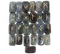 Crocon Labradorite rectangle shape gemstone rune stones with Elder Futhark Alphabet Engraved 25 pcs rune set Crystal Divination metaphysical Healing Chakra Reiki runes set with a pouch Size: 20-25mm