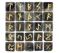 Crocon Labradorite Runes Crystal Rune Stones Set 25Pcs Elder futhark Viking Gemstone Reiki Healing Golden Engraved Runic Alphabets Divination Meditation Spiritual Gifts for Women Witchcraft Supplies