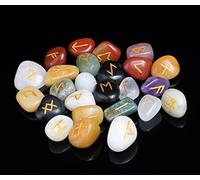 Crocon Mix Chakra Elder Futhark Alphabet Engraved Symbol Rune Stones 25 pcs Set for Feng Shui Reiki Crystal Healing Balancing Spiritual Metaphysical Decor Size: 15-20 mm with a pouch
