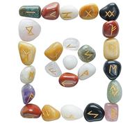 Crocon® Mix chakra Rune tumble shape gemstone rune with Elder Futhark Alphabet Engraved | 25 pcs runes set | Crystal Divination Healing Chakra Reiki | with a pouch| Size : 25-30 mm