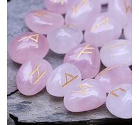 Crocon Rose Quartz Gemstone Rune Stone with Elder Futhark Alphabet Engraved Symbol 25 pcs Set for Feng Shui Reiki Crystal Healing Chakra Balancing Decor Size: 15-20 mm
