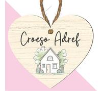 Croeso Adref Heart Plaque | Welsh Welcome Home Sign | Choose Sheep or House Design | Wooden Hanging Wales Themed Sign | Handmade Indoor Welsh Gift (House)