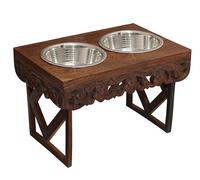Croft&Cane Elevated Pet Feeder for Dogs and Cats - The Bali Carved Wood Pet Feeding Stand with Two Stainless Steel Bowls - Three Heights Adjustable Raised Dog Bowl - Food Water Pet Feeding Station