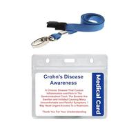 Crohns Hidden Disability Awareness Badge Medical Card Reverse of Card has Space for Contact Details All Sealed in Waterproof Grip Seal PVC Pocket & Blue Lanyard