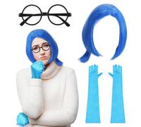 Croknit 3 Pcs Halloween Sadness Costume Kit Include Short Blue Sadness Wig Black Glasses Frame Blue Long Satin Gloves for Halloween Cosplay Party Women, Blue, as the picture shown
