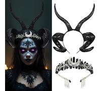 Croloose 1 Pcs Halloween Devil Horns Headband and 1 Pcs Crystal Crown Headband for Adult, Black Demon Horns for Halloween Cosplay Masquerade Party
