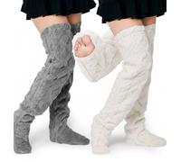 Croloose 2 Pairs Soft Over-the-Knee Fuzzy Slipper Socks - Extra Thick Winter Leg Warmers for Women Christmas Sleeping, Gray, White, about 9-10 inches/ 23-25.5 cm