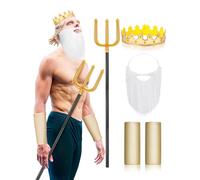 Croloose 4 Pieces Halloween King of the Sea Costume Accessories for Men Adult Sea Trident King Crown Beard and Wrist Cuffs for Halloween Golden Poseidon Mermaid Men Costume