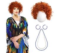 Croloose 5 Pcs Halloween Women Costume Set with Print Caftan Dress Curly Wig Bead Necklace Earring for Women's Cosplay Party(Butterfly Style)