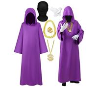 Croloose 6 Pcs Halloween Full Face Wizard Costume Hip Hop Rapper Costume Accessories Robe Cape Full Face Mask Gloves with Money Chain Dollar Sign Outfit for Cosplay(Purple)
