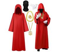 Croloose 6 Pcs Halloween Full Face Wizard Costume Hip Hop Rapper Costume Accessories Robe Mask Glove Chain Outfit for Cosplay (Red)