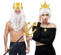 Croloose 8 Pcs Halloween King Neptune Costume Accessory Undersea Witch Octopus Cosplay Couple Accessory with Shell Necklace White Wig and Beard Set Gold Trident Golden King Crown