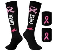 Croloose Breast Cancer Awareness Pink Ribbon Socks and Wristbands Set, Athletic Accessories Knee Length Socks for Womens Men