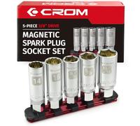 CROM Magnetic Spark Plug Socket Set - 5 Piece 3/8" Drive Spark Plug Removal Tool, Includes 14mm and 16mm Thin Wall Sockets, 9/16 inch, 5/8 inch and 13/16 inch Sockets, Aluminum Storage Rail Included