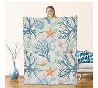 cromcu Coastal Coral Reef Flannel Throw Blanket 80x60 Inch, Starfish Seashell Throws, Nautical Ocean Fleece Blankets for Couch, Bed, Sofa, Travel, Beach Enthusiast Novelty Gifts Decor