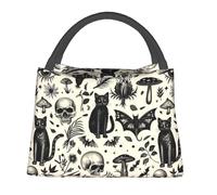 cromcu Gothic Skull Cat Reusable Lunch Box, Goth Kitten Lunchbox for Adults Women, Insulated Lunchbag, 11in*6.3in*6.7in, Gifts Makeup Bag, Mushroom Portable Handbag for Picnic Work Travel Beach Hiking