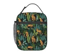 cromcu Insulated Lunch Box for Girls Kids Women Cheetah Lunch Box for Work,Picnic,School,Travel,Hiking,Beach or Fishing Polyester Leopard Print Palm Green Theme Lunch Bag