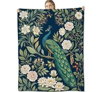 cromcu Peacock Throw Blanket Warm Lightweight, Floral Botanical Elegant Flannel Blankets Gifts for Women Peacock Lovers, Home Decor Throws for Couch Sofa Camping Office Travel, Navy 60"X50"