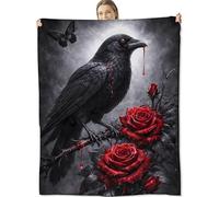 cromcu Raven Gothic Flannel Throw Blanket, 60x80in, Soft Warm Cozy Blankets with Black Raven and Red Rose, Gothic Gifts for Women Crow Lovers, Halloween Home Decor Dorm Office Travel Camping