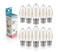 Crompton Lamps Filament Candle LED Light Bulb BC-B22d | 6.5W = 60W Equivalent | Warm White 2700K | Energy Efficient | Bayonet Lightbulb | Long Life 10000-Hrs | Clear Glass | 10-Pack