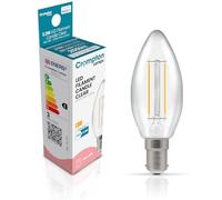 Crompton Lamps Filament Candle LED Light Bulb SBC-B15d | 2.2W = 25W Equivalent | Warm White 2700K | Energy Efficient | Small Bayonet Lightbulb | Long Life 15000-Hrs | Clear Glass | Dimmable