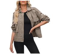 Crop Denim Jackets for Women UK Long Sleeve Short Jean Jacket Fitted Vintage Boyfriend Coat Plain Casual Cargo Jacket with Flat Pockets Button Down Lapel Collar Shirt Jacket
