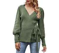 Crop Jumper Women's Fall Winter Wrap V Neck Sweater Balloon Sleeves Ribbed Knitted Pullover Tie Front Top Jumper Womens Thick Jumpers (A, XL)