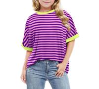 Crop Top Kids Girls' T-Shirts Oversize Summer Pullover Tops Striped Print Round Neck Short Sleeve Soft Breathable Bottom Shirt Clearance Girls Tops 9-10 Years 11-12 Years Purple