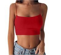 Crop Top with Integrated Bra Cotton Women's Spaghetti Top Tank Basic Strap Top Crop T-Shirt Sleeveless Vest Sleeveless Cami Tops Tight Sleeveless Shirt U-Neck T-Shirt Stretch Summer Top, red, S
