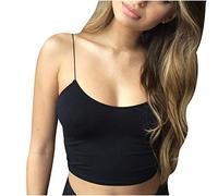 Crop Top with Integrated Bra Cotton Women's Spaghetti Top Tank Basic Tank Top Crop T-Shirt Sleeveless Vest Sleeveless Cami Tops Tight Underarm Shirt U-Neck T-Shirt Stretch Summer Top, black, S