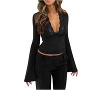 Crop Top Women Deep V-Neck T-Shirt Flare Bell Long Sleeve Slim Tees Shirts Lace Patchwork Streetwear Y2k Tops Blouse/UK Size/Ladies Warm Coats/Winter Black