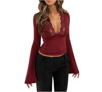 Crop Top Women Deep V-Neck T-Shirt Flare Bell Long Sleeve Slim Tees Shirts Lace Patchwork Streetwear Y2k Tops Blouse/UK Size/Ladies Warm Coats/Winter Wine