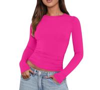 Crop Tops for Women Basic Top Scoop Neck Tight T-Shirts Slim Fit Plain Stretch Shirt Y2K Long Sleeve to Wear with Leggings Going Out Tops Aesthetic Streetwear, Ladies Blouses Hot Pink
