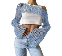 Crop Tops for Women Sexy Mesh Crochet Long Sleeve Hollow Out Crew Neck Casual Cropped Knit Sweater See Through Summer Beach Bikini Cover Ups