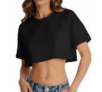 Crop Tops for Women Short Sleeve T Shirts Casual Basic Crew Neck Summer Oversized Cropped Tees, Soild Black, S