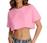 Crop Tops for Women Short Sleeve T Shirts Casual Basic Crew Neck Summer Oversized Cropped Tees, Soild Pink, S