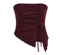 Crop Tops For Women-Summer Strapless Tops Women'S Drawstring Split Irregular Lattice Slim Solid Color Strapless Vest Top (Red, M)