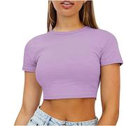 Crop Tops for Women UK Going Out Short Sleeve T Shirts Sale Clearance Round Neck Summer Tops Gym Cute Sexy Basic Elegant Blouses Plain Casual Smart Work Shirts Ladies Size 8-16 Purple