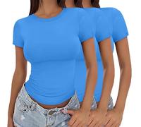 Crop Tops for Women,Womens 3 Pack Short Sleeve Crop Tops Crew Neck Basic T-Shirts Stretch Fitted Plain Summer Casual Tunic Blouse Y2K Going Out Aesthetic Streetwear Slim Fit Clothes XS-XL BU1