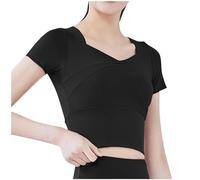 Crop Tops with Built in Bra for Women UK Short Sleeve Slim Fit T-Shirt Sexy Basic Y2K Clothes Sports Crew Neck Tight Quick Drying Yoga Tops Club Party Streetwear UK Size Black