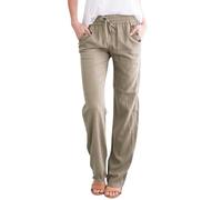Crop Trousers for Women UK,Womens Linen Trousers with Button Pockets Loose Straight Lounge Pants Drawstring Elastic High Waist Summer Causal Work Trousers Lightweight Plus Size Pant Khaki