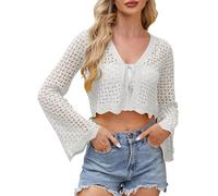 Cropped Cardigan Hollow Out Womens Tie Front Cropped Cardigan Long Sleeve Crochet Bolero Shrug Sweater Bell Sleeve Knit Crop Top