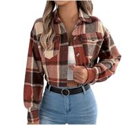 Cropped Checked Shirts Womens Long Sleeve Casual Button Down Flannel Shirt Color Block Plaid Shirt Jackets Short Elegant Tunic Tops Business Casual Work Loose Cotton Blouses with Front Pocket