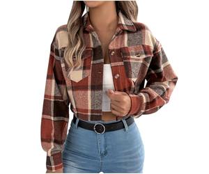 Cropped Checked Shirts Womens Long Sleeve Casual Button Down Flannel Shirt Color Block Plaid Shirt Jackets Short Elegant Tunic Tops Business Casual Work Loose Cotton Blouses with Front Pocket