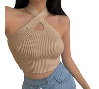 Cropped Fitted Top Vest Crop Top Women Halter Tops Strappy Sexy Tank TopsFemale Knitted Off Shoulder Crop Tops for Women Cotton Tees Women Khaki