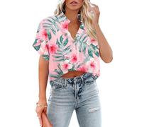 Cropped Hawaiian Shirts for Women Hawaii Tropical Button Down Tops Floral Tropic Print Summer Beach Outfits, Light Pink, S