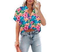 Cropped Hawaiian Shirts for Women Hawaii Tropical Button Down Tops Floral Tropic Print Summer Beach Outfits, Deep Pink, S
