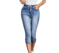 Cropped Jeggings for Women UK Ladies Capri Stretchy Jeans Denim Legging Summer Trouser Three Quarter 3/4 Length Pull On High Waist Jeans Ladies Relaxed Fit Jean Denim Jeggings Cropped (B-Blue, XL)