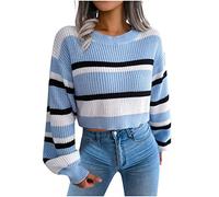 Cropped Jumper for Women UK Knitted Batwing Jumper Striped Color Block Casual Crew Neck Crop Knitwear Long Sleeve Pullover Sweaters Top Ribbed Jumpers Ladies Blue