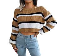 Cropped Jumper for Women UK Knitted Batwing Jumper Striped Color Block Casual Crew Neck Crop Knitwear Long Sleeve Pullover Sweaters Top Ribbed Jumpers Ladies Khaki